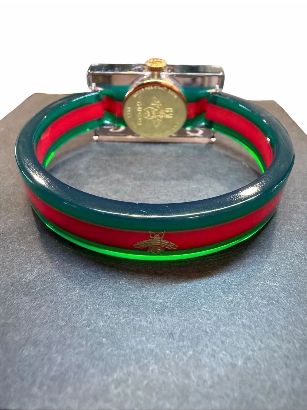 Gucci Skeleton Clear Rectangular Watch with Red and Green Stripe Strap - Picture 7 of 11